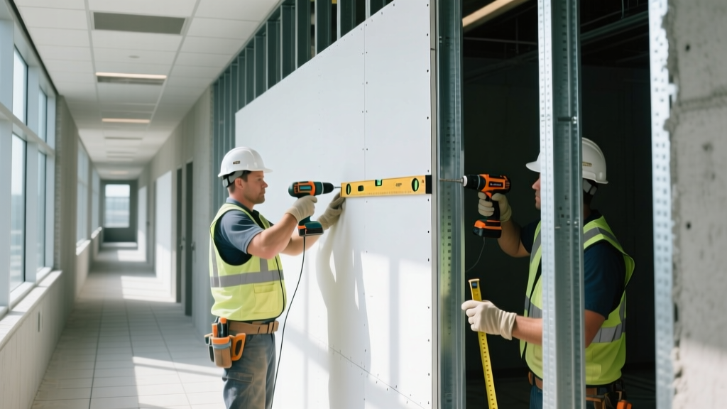 Commercial construction workers installing thick 5/8-inch Type C fire-rated gypsum boards on steel wall studs in a multi-story building corridor.