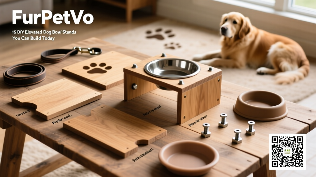 Overhead photo of a completed FurPetVo DIY kit stand with labeled parts: pre-cut wood panels, stainless bolts, silicone bowl liners, and QR code linking to assembly videos