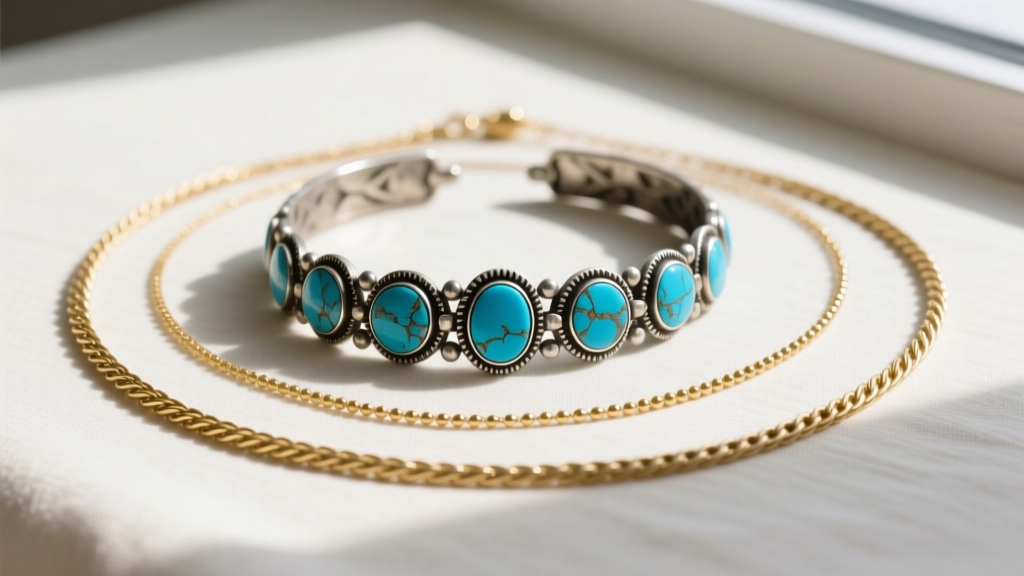 A flat-lay of three layered necklaces featuring a vintage Fred Harvey turquoise choker and two delicate modern 14k gold chains.