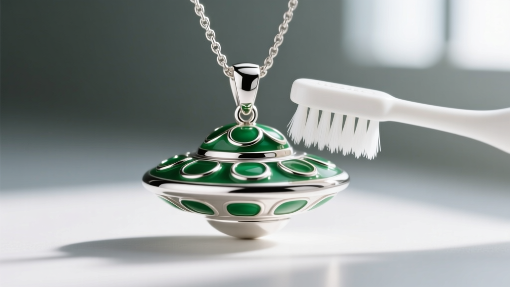 Close-up of a sterling silver UFO pendant necklace with green enamel accents being gently brushed with a soft baby toothbrush