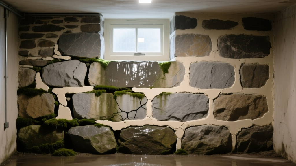 Historic fieldstone foundation wall being repointed with lime mortar, showing weathered granite and fresh joints in a damp basement