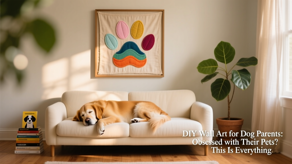 Framed wall art featuring layered, colorful paw prints on fabric, hung above a cozy living room sofa with a sleeping dog nearby