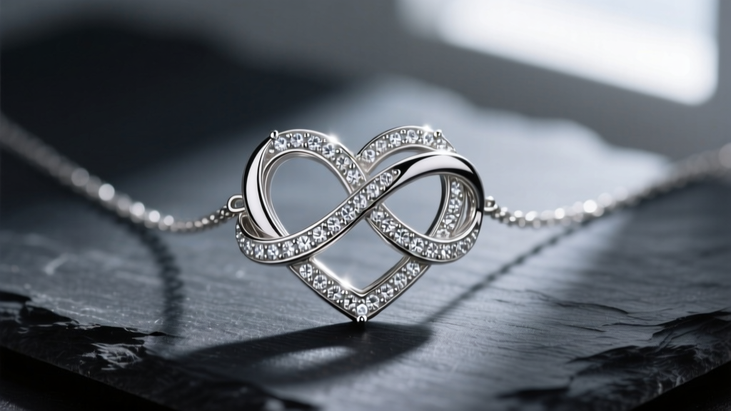 Close-up of sparkling infinity heart collier necklace on dark slate, highlighting interlocking silver loops and tiny pave gemstones.