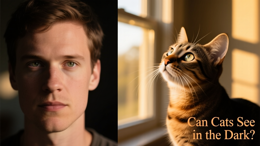 Side-by-side comparison showing human vs. cat vision fields and focus differences