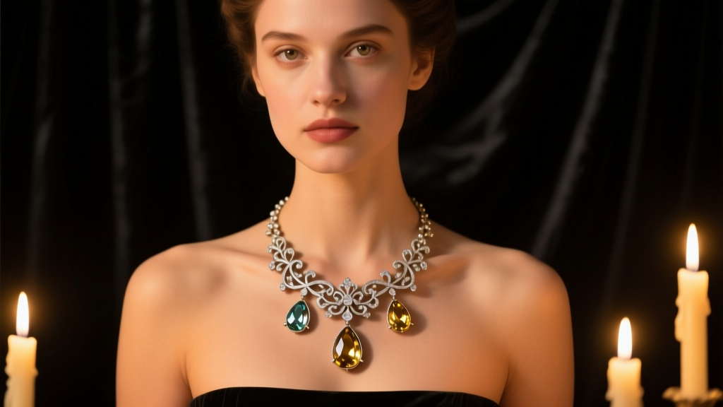 Model wearing a Georgian girandole necklace with three teardrop paste gems, lit by warm candlelight against a dark background