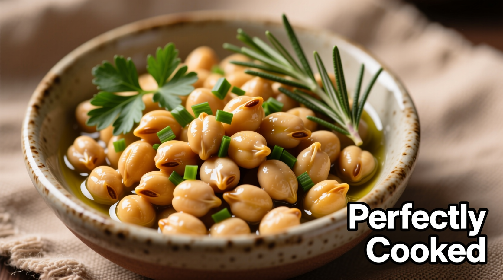 Perfectly cooked garbanzo beans in a bowl with herbs