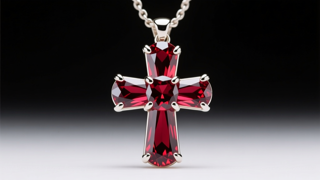 Macro shot of a red garnet cross pendant set in white gold prongs, highlighting deep crimson facets under bright studio lighting.