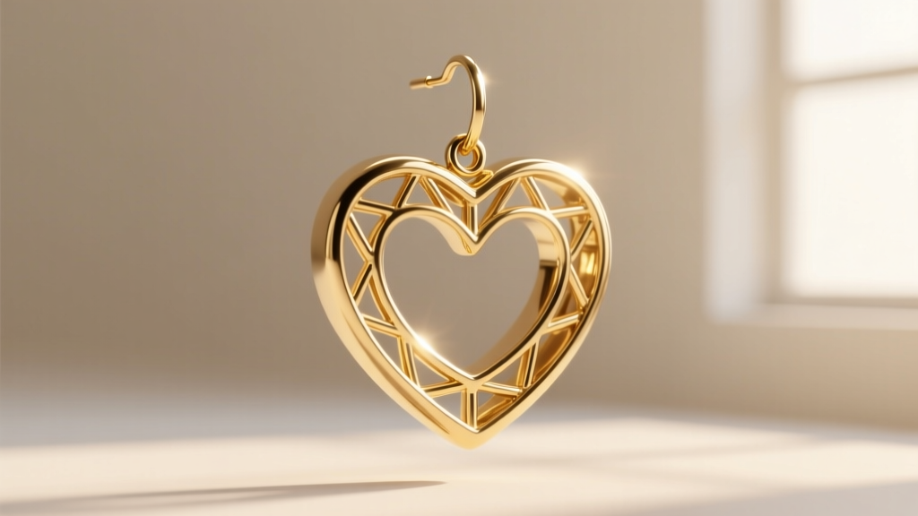 3D render of a hollow-form 14k gold heart dangle earring, revealing internal structural ribbing and precise 1mm wall thickness.