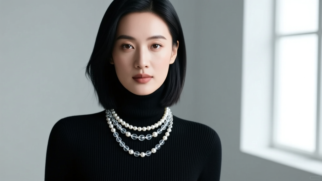 Woman wearing a layered Dana Buchman silver-tone and glass pearl necklace over a black turtleneck sweater, soft studio portrait
