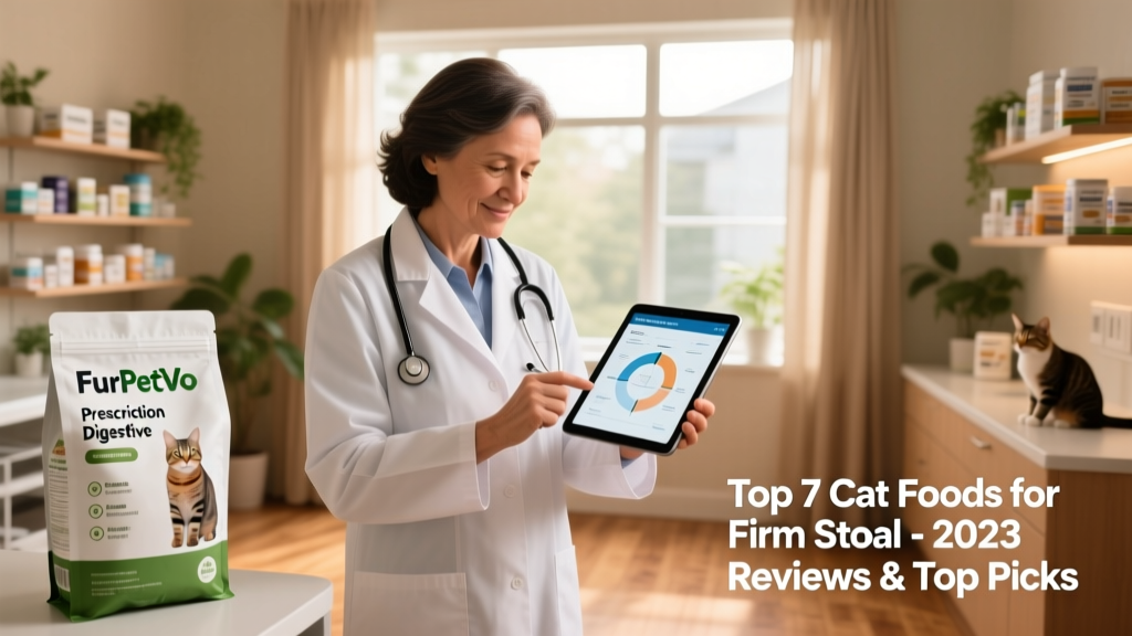 Side-by-side comparison: a veterinarian holding a bag of FurPetVo Prescription Digestive food and reviewing a digital health chart on a tablet