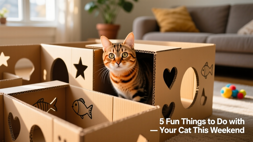 A playful tabby cat peeking out from a multi-box cardboard maze with cut-out tunnels and open passageways