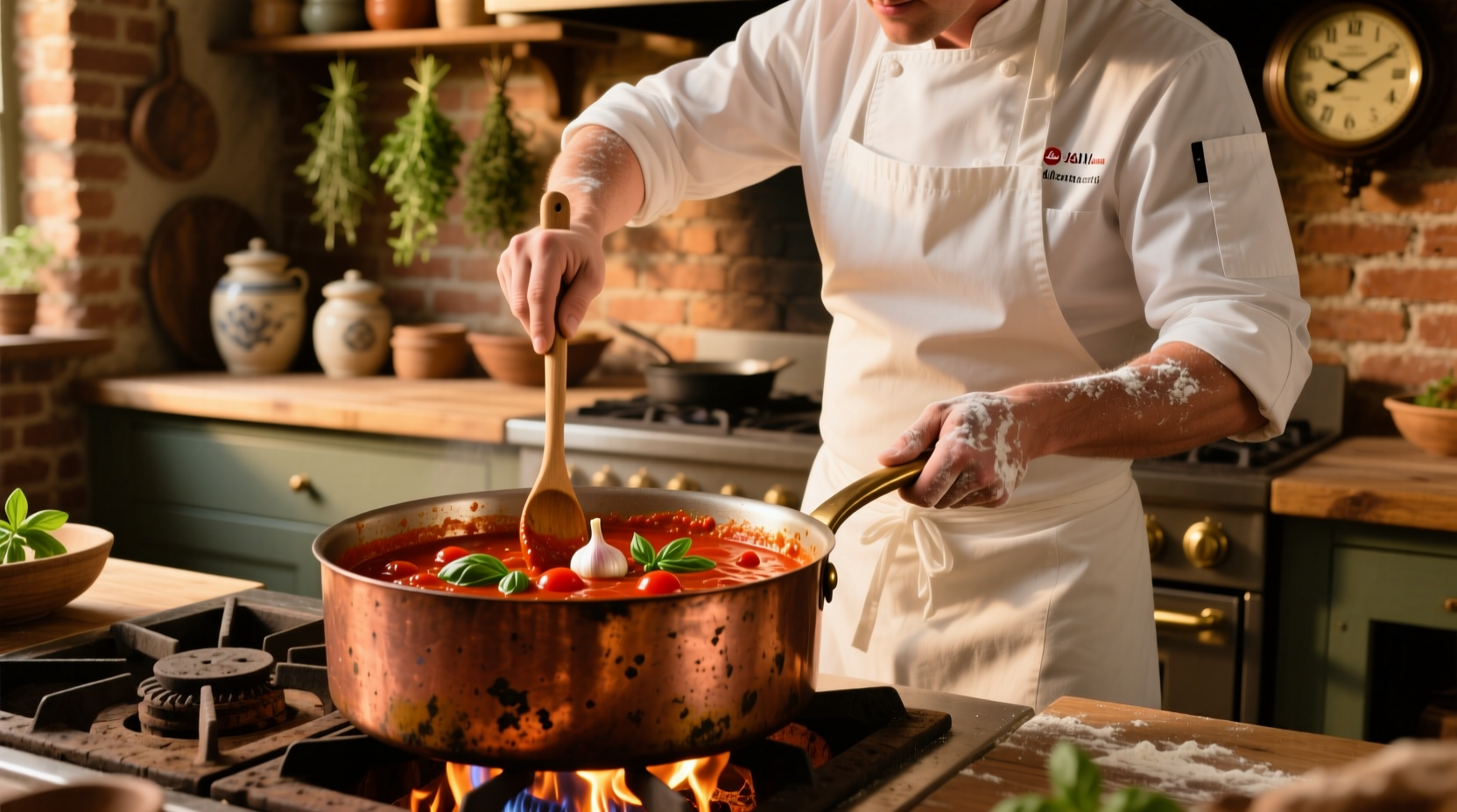 Chef stirring thick tomato sauce in copper pot