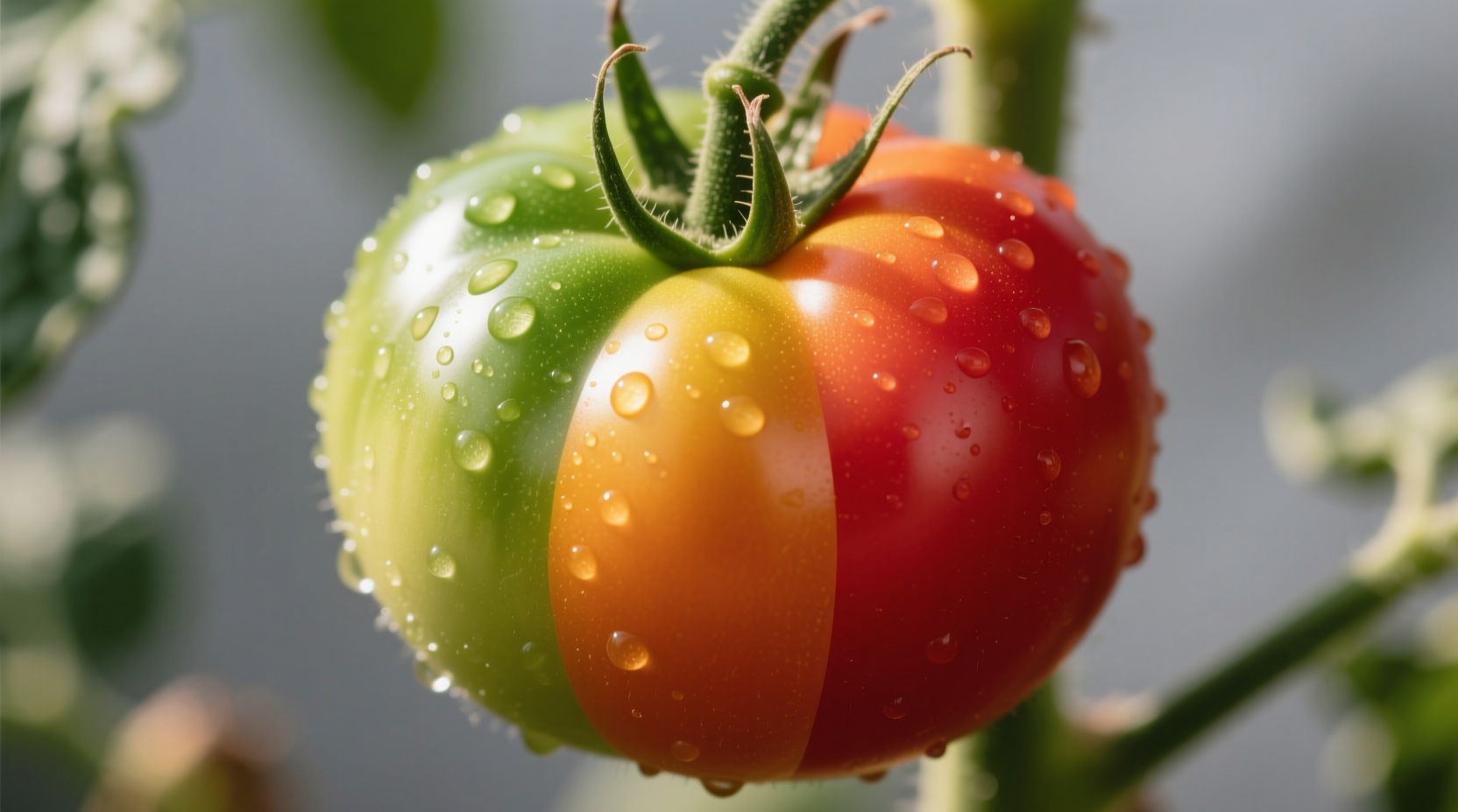 Close-up of tomato ripening stages showing color transition
