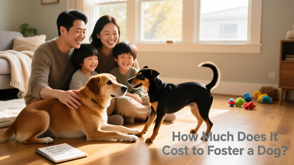 A foster family sitting on the floor with their foster dog and resident dog playing together peacefully