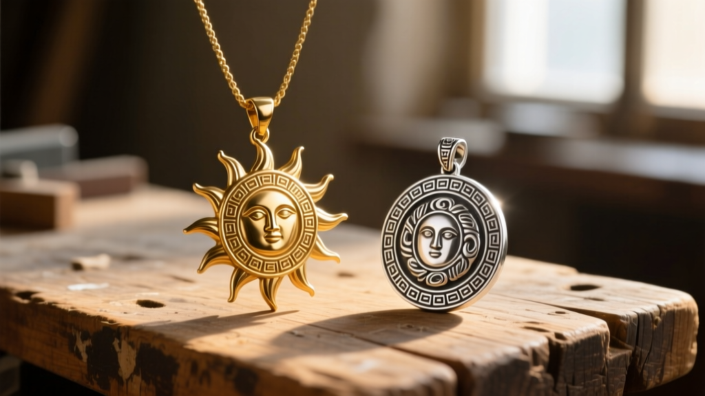 Brass Vergina sun pendant next to a polished artisan sterling silver replica resting on a rustic wooden workbench in warm lighting