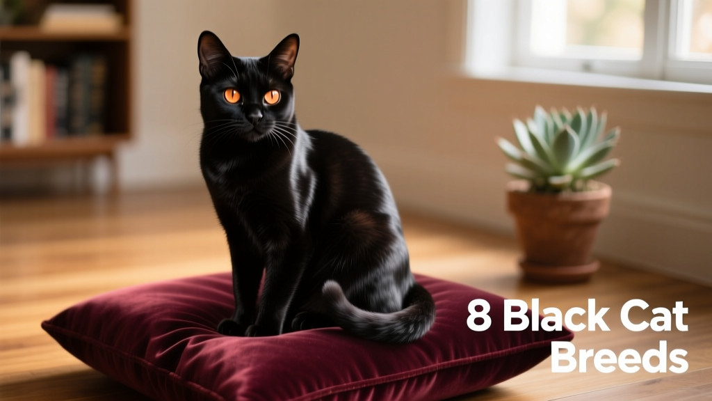 A glossy black Bombay cat sitting elegantly on a velvet cushion, showcasing bright copper eyes and a sleek, patent-leather coat