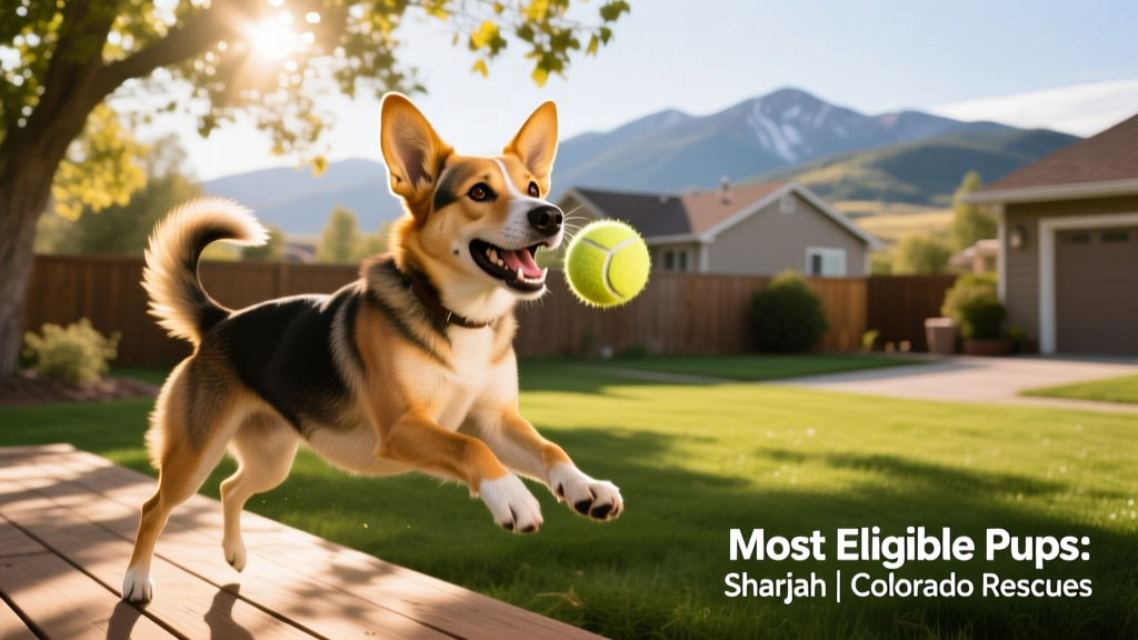 Sharjah playing fetch with a tennis ball in a sun-dappled backyard, tail wagging enthusiastically