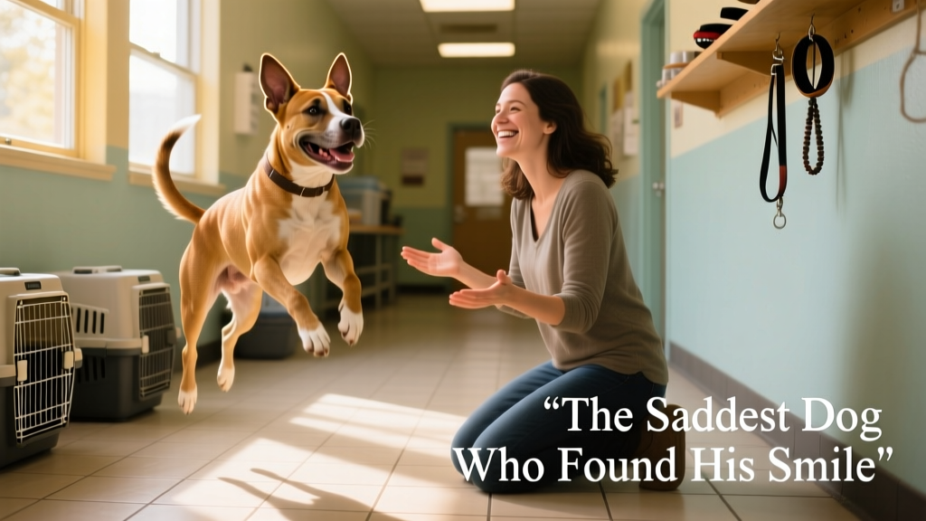 A joyful Pit Bull leaping gently toward a smiling woman in a shelter hallway
