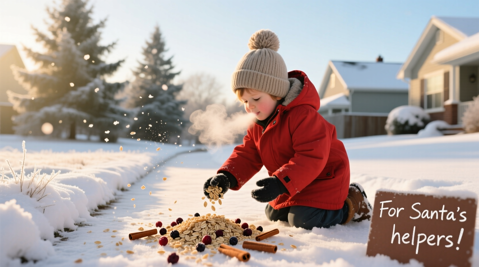 Child sprinkling homemade reindeer food outside on snow
