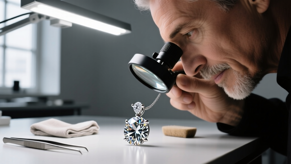 Professional jeweler inspecting a diamond pendant prong setting under a 10x loupe with bright LED lighting in a workshop.