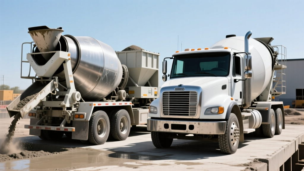 A standard rear-discharge transit mixer and a volumetric concrete truck parked side-by-side at a commercial foundation pour
