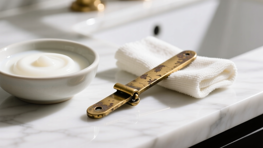 Macro shot of a tarnished brass clasp beside a bowl of mild soap and a microfiber cloth on a bright white marble countertop.