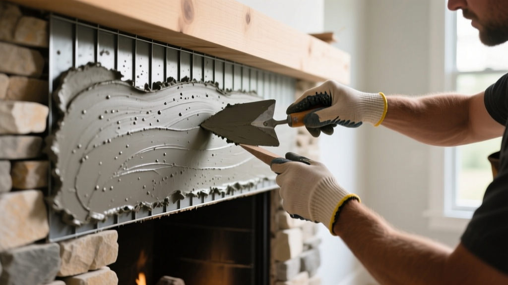 Close-up of a mason applying gray mortar to metal lath on a living room fireplace surround before installing stacked stone veneer panels.