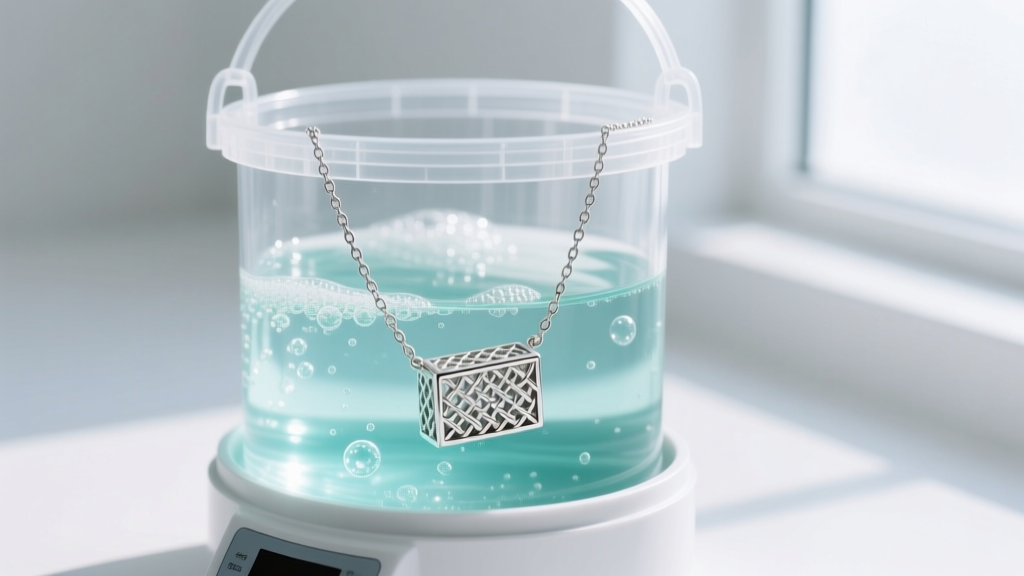 Ultrasonic cleaner filled with solution, holding a woven silver box chain choker necklace suspended inside a small plastic basket