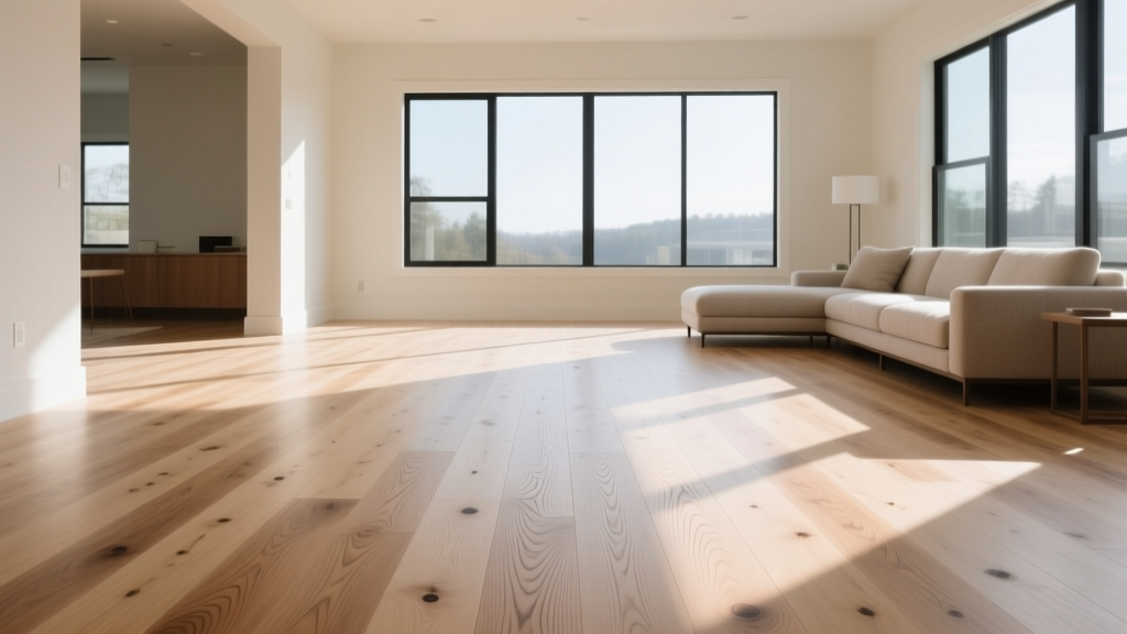 Wide plank white oak hardwood flooring in a bright living room showing natural grain patterns and a matte water-based polyurethane finish