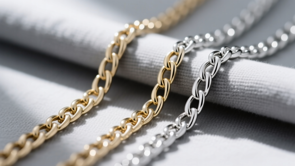 Dull 14k white gold chain beside a polished one on a soft gray microfiber cloth in natural sunlight, high contrast macro shot