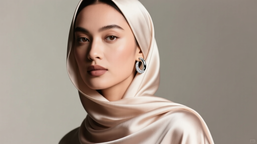 Portrait of a woman wearing a draped silk hijab paired with smooth bezel-set titanium huggie earrings under soft studio lighting