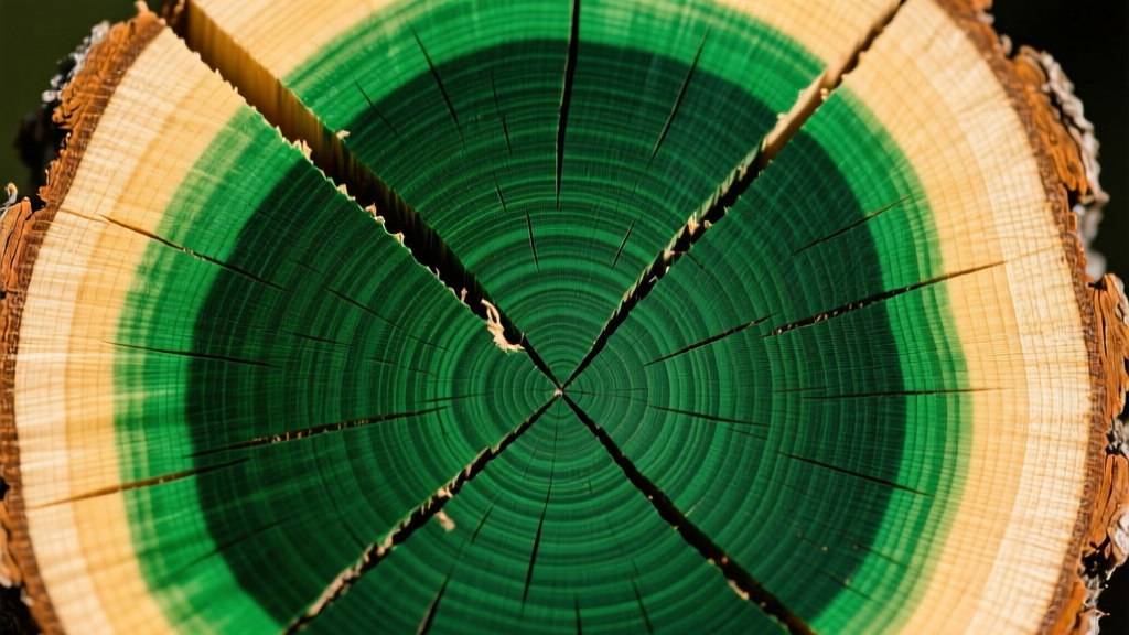 Close-up of treated Southern Yellow Pine cross-section showing deep green preservative penetration in sapwood beside untreated heartwood