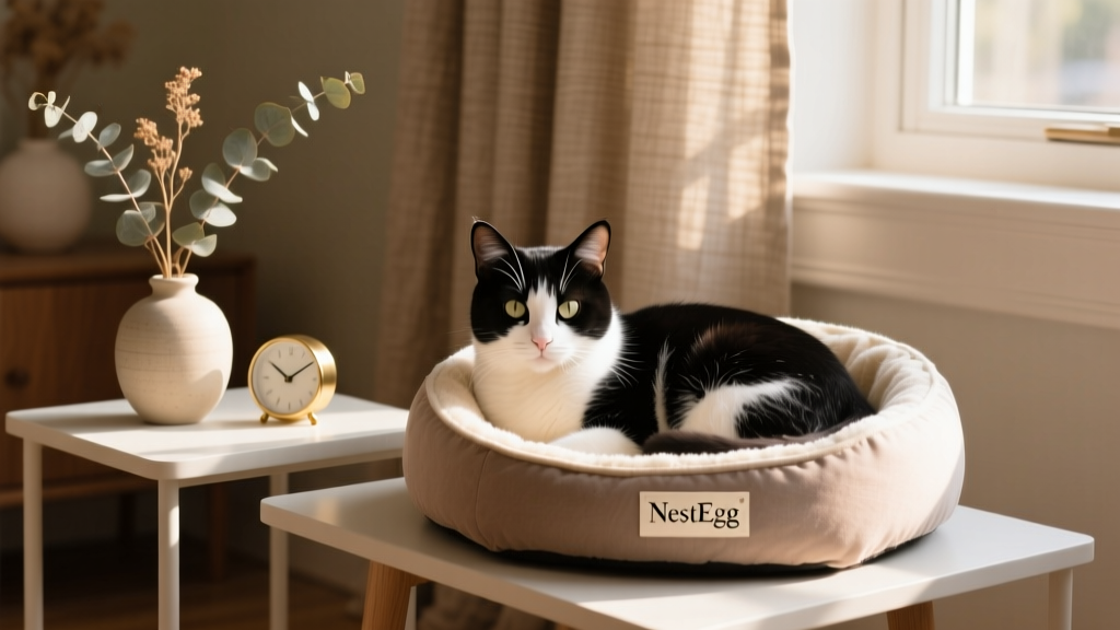 Close-up of a tuxedo cat curled inside the FurPetVo NestEgg raised cat bed, nestled beside a side table surface with minimalist decor