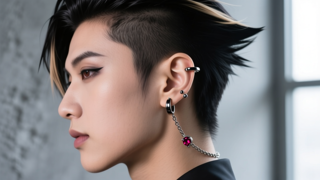 Side profile of a cosplayer wearing an ear cuff chain connecting a helix piercing to a lobe stud, featuring dark metal and ruby