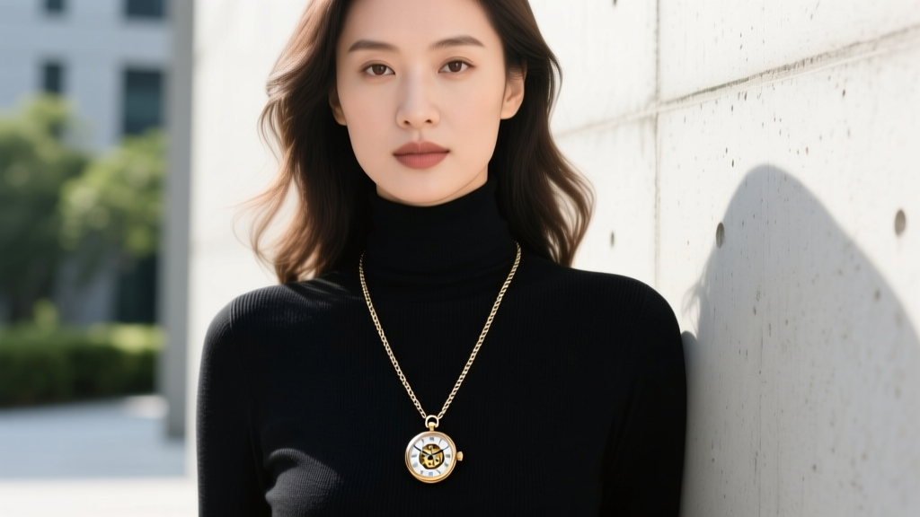 Woman wearing a layered 18-inch cable chain with a miniature mechanical watch pendant over a black turtleneck sweater in daylight.