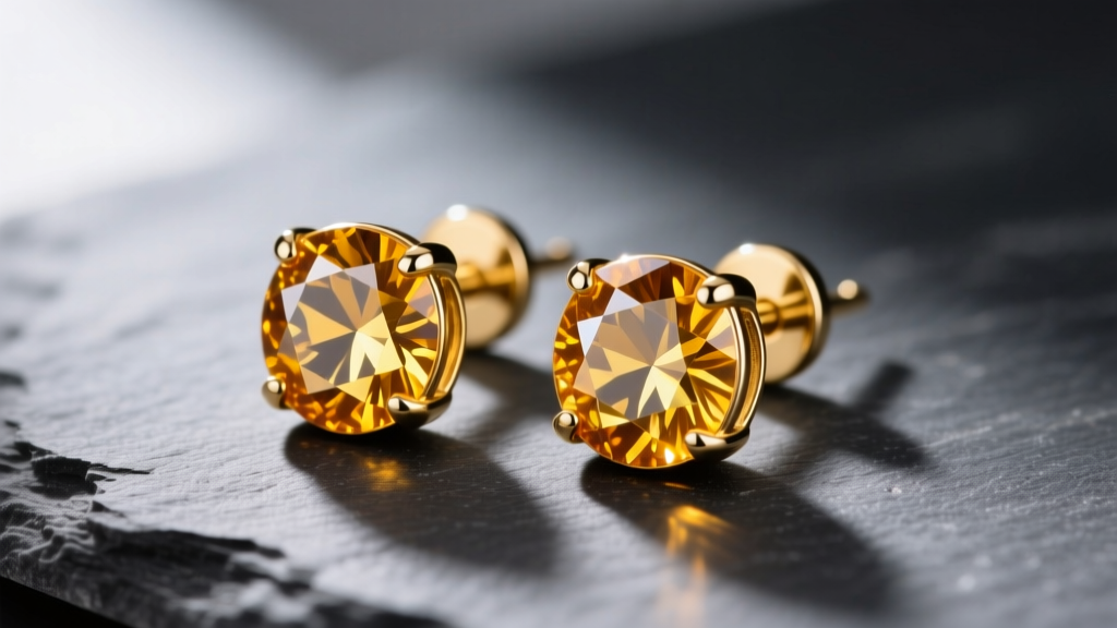 Close-up of a pair of 14k yellow gold stud earrings featuring brilliant-cut Madeira citrine gemstones resting on dark grey slate.