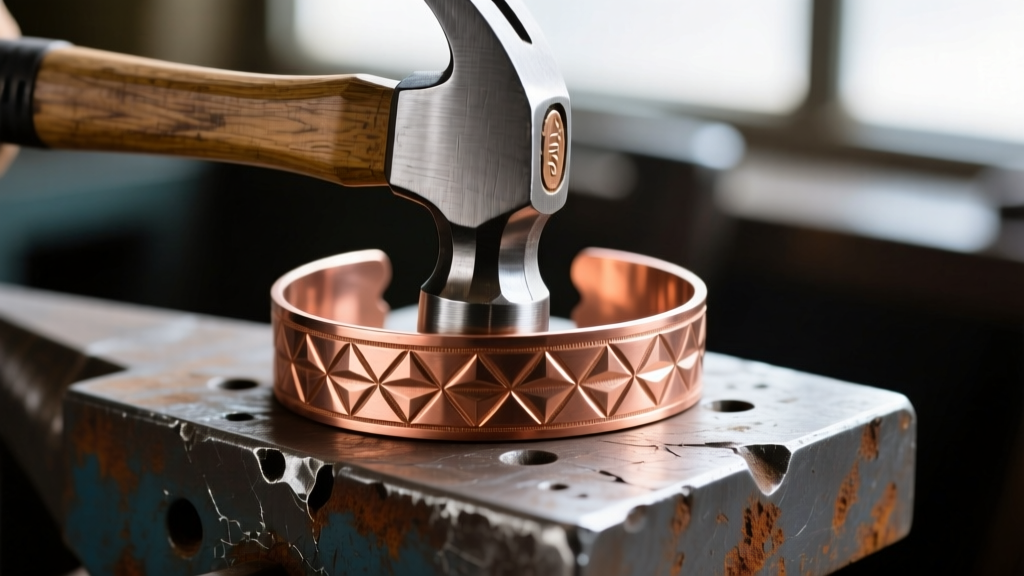Close-up of a steel chasing hammer texturing a thick 10-gauge raw copper cuff bracelet on a scratched steel bench block surface.