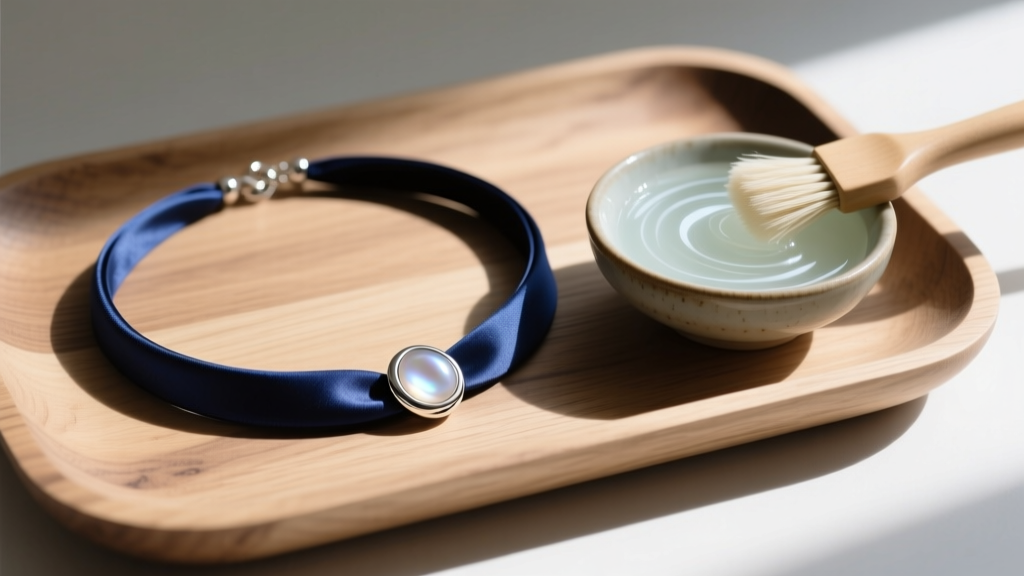 Navy blue silk cord necklace with silver clasp laid flat on wooden tray, next to a small bowl of mild soap and soft brush.