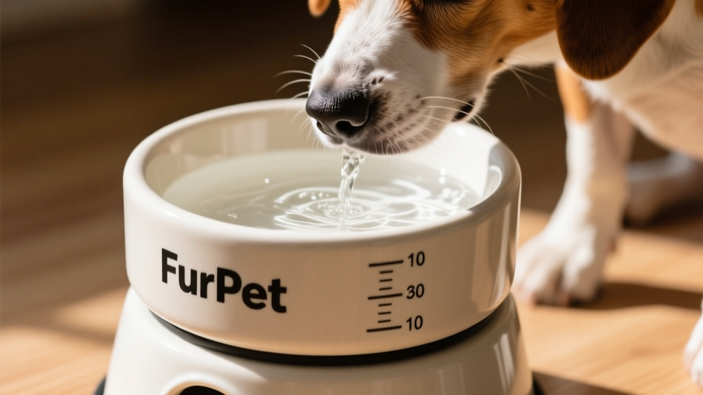 Close-up of a FurPetVo Elevated Ceramic Water Bowl with clear measurement markings and fresh water
