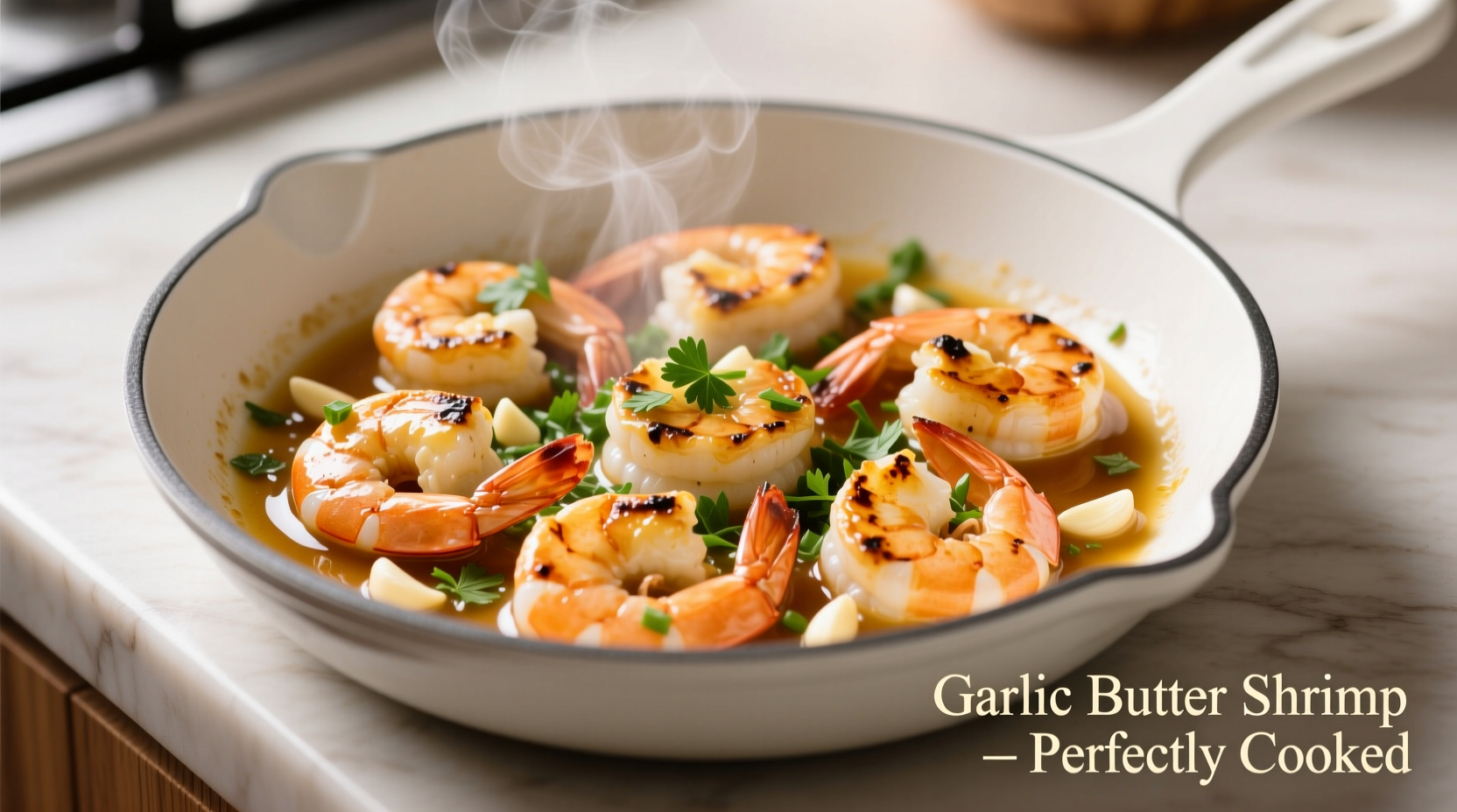 Perfectly cooked garlic buttered shrimp in white skillet