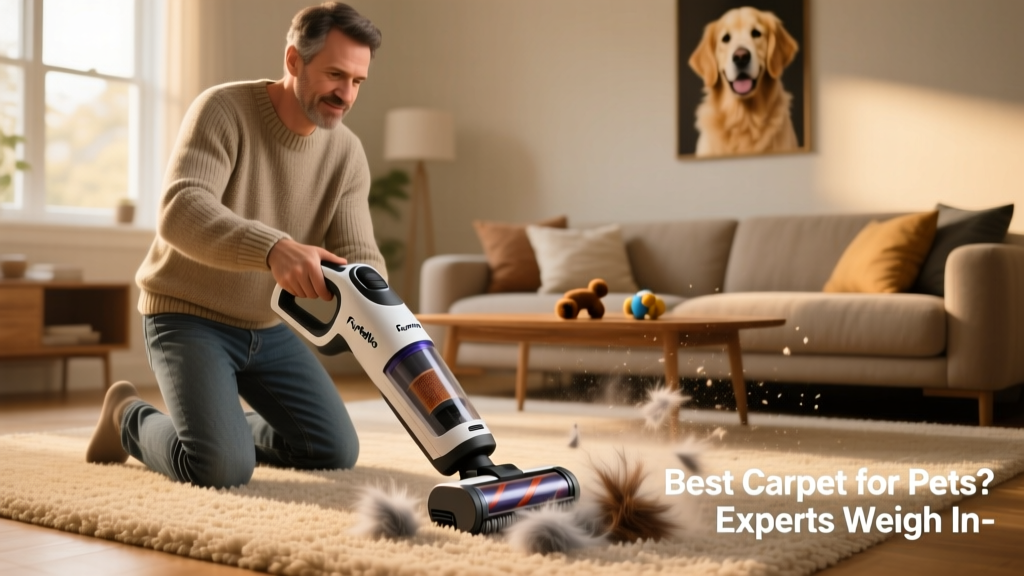 A person using a handheld FurPetVo vacuum to clean pet hair from a low-pile living room carpet