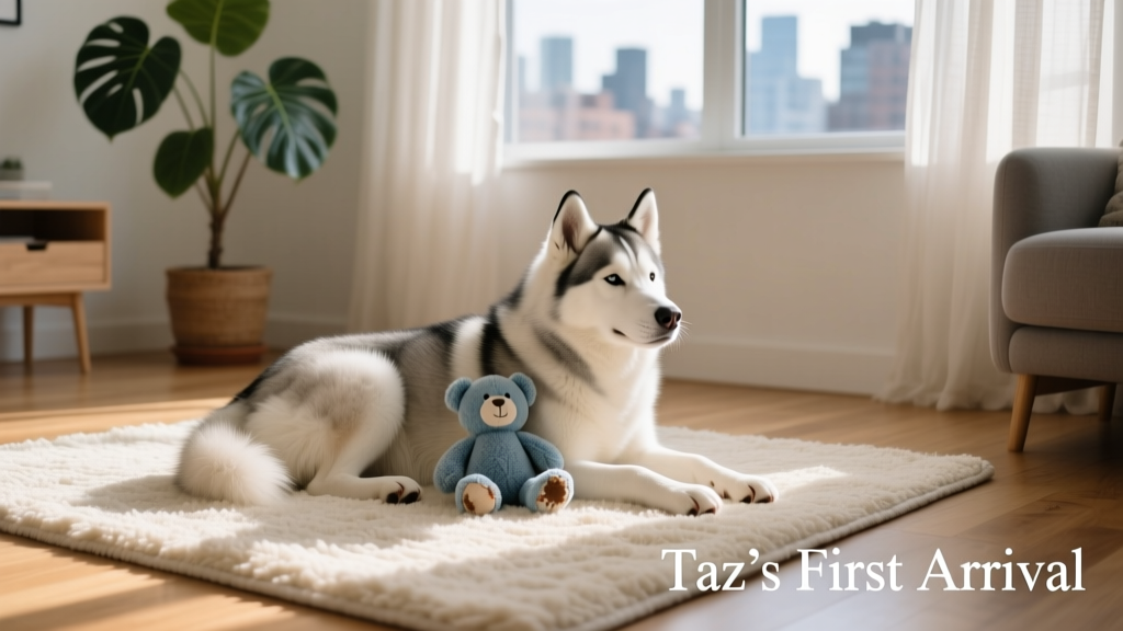 Taz resting peacefully at home, curled up on a cozy rug with her favorite toy nearby, looking utterly content