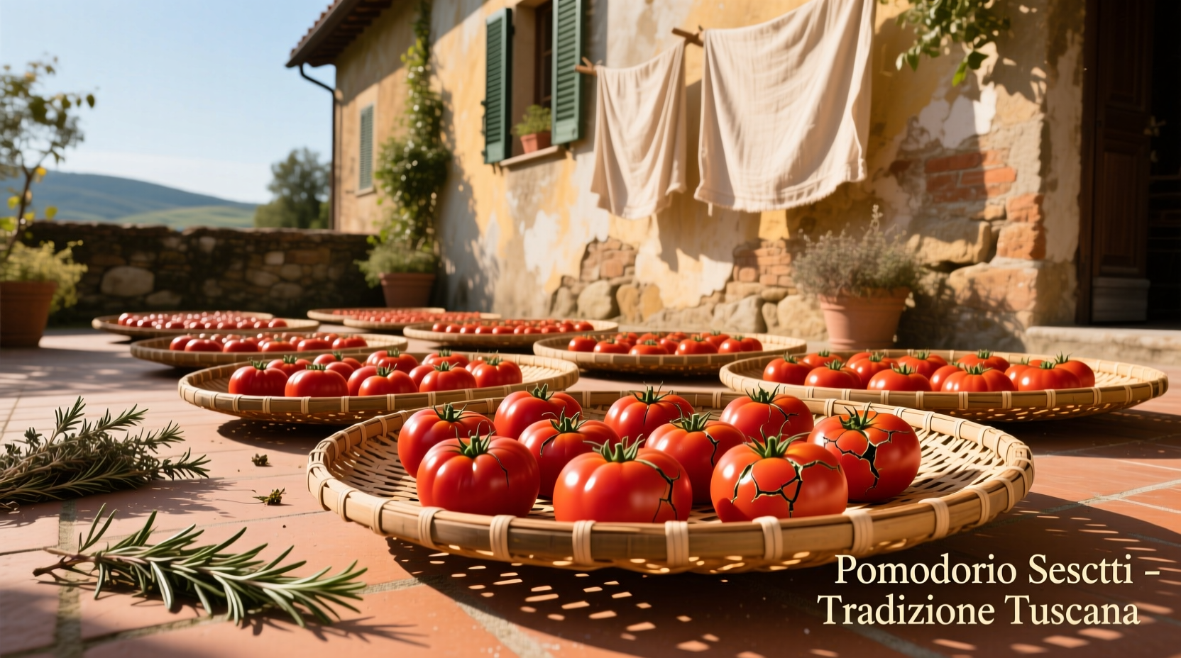 Principe Borghese tomatoes drying on traditional Italian bamboo trays