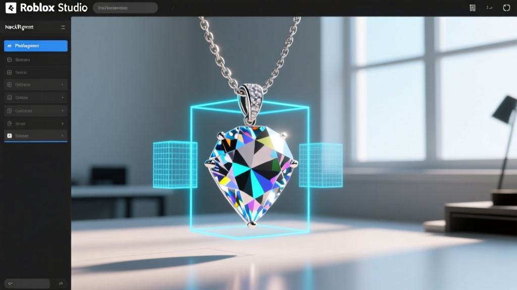 Roblox Studio interface displaying a diamond pendant attached to the NeckRigAttachment point, with collision boxes enabled