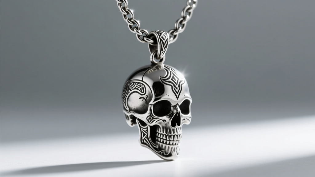 Side profile of sterling silver Amulet of Fury OSRS necklace showing the skull motif and a thick 4mm curb chain link structure
