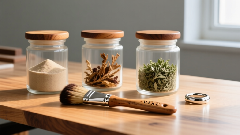 Three glass jars of clear wood finish, a brush, and a silver ring resting on sealed maple wood on a clean, organized workbench.