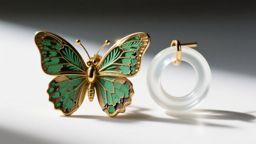 Macro view of a worn gold-plated earring butterfly back showing green oxidation and flaking metal beside a clear silicone O-ring