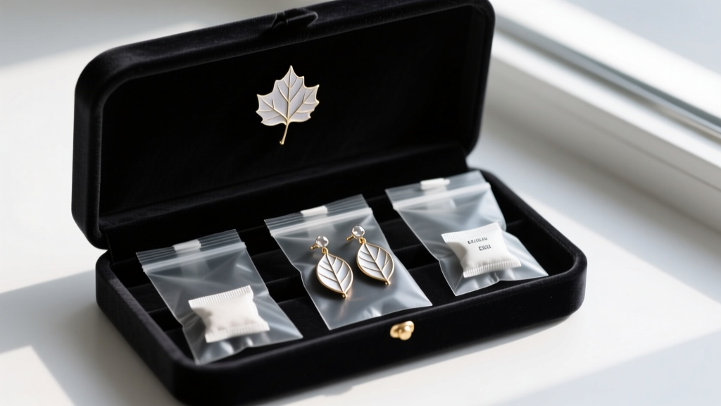 Velvet box showing aspen leaf earrings inside individual anti-tarnish polyethylene bags next to small silica gel desiccant packets.