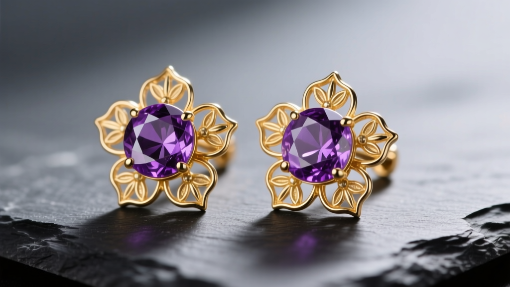 14k gold amethyst flower earrings on dark slate, showing deep purple gems with petal detailing and soft studio lighting