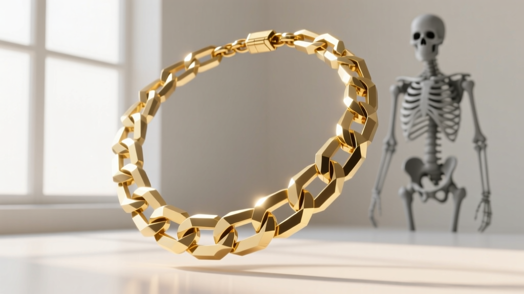 Blender 3D viewport showing a low-poly gold Cuban link necklace with wireframe overlay and a gray avatar rig in the background